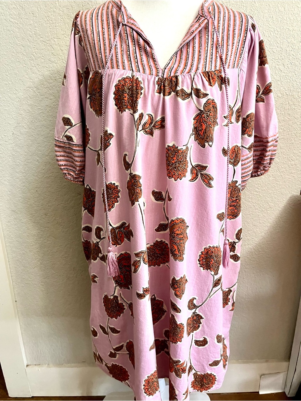 Knox Rose Pink Floral Boho Peasant Dress with Rust Accents